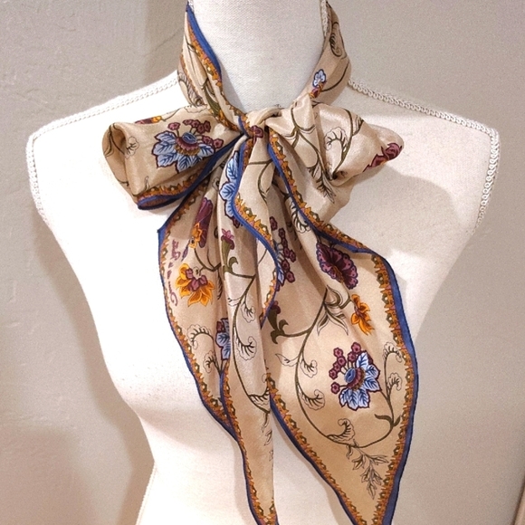 None Accessories - Head Or Neck Printed Scarf Vintage Beige Floral Print Purple Blue Gold